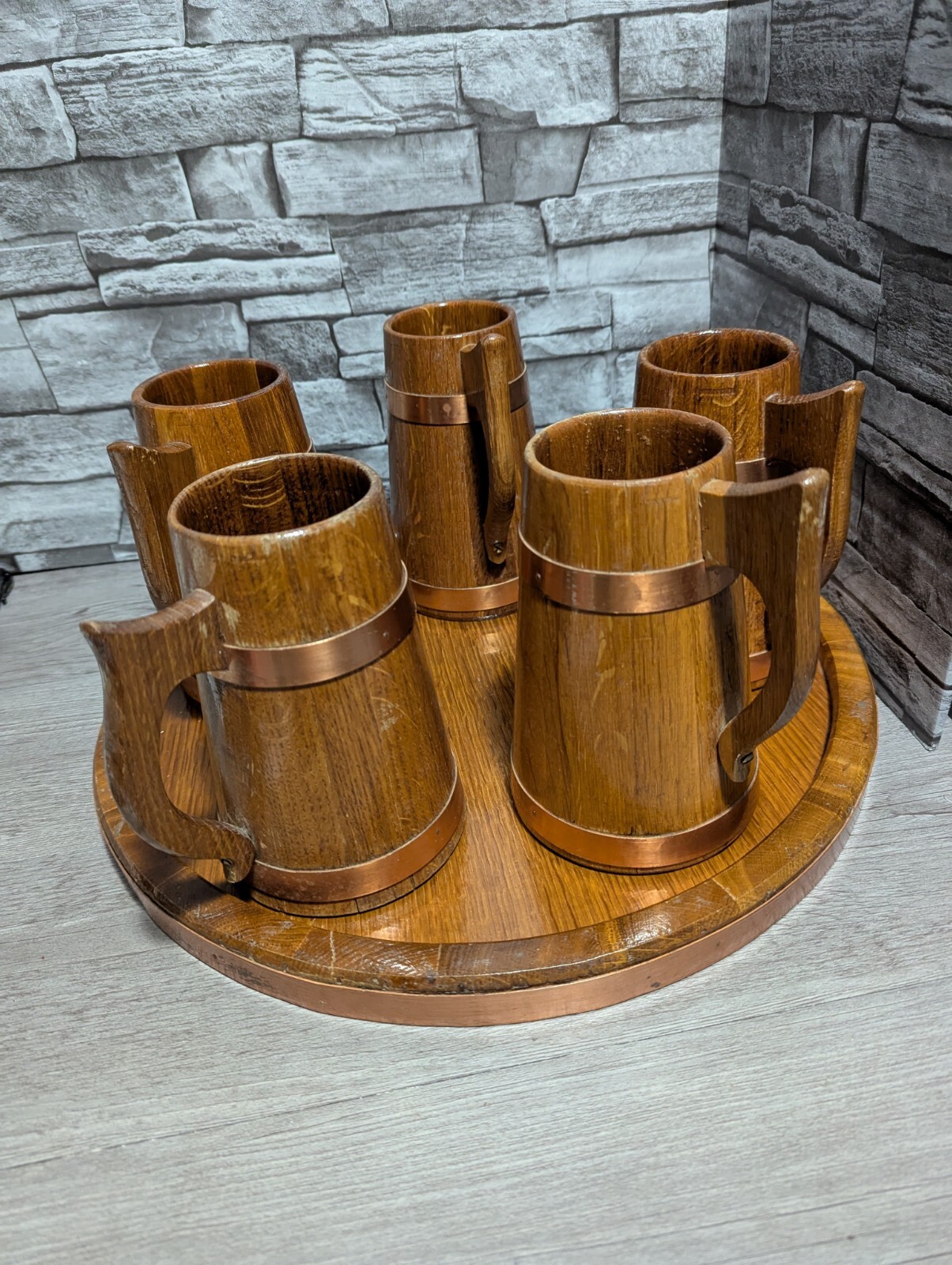 Vtg Set Of 5 Wood & Copper Beer Mug Stein Tankard Cups w/Tray Viking Bar Decor