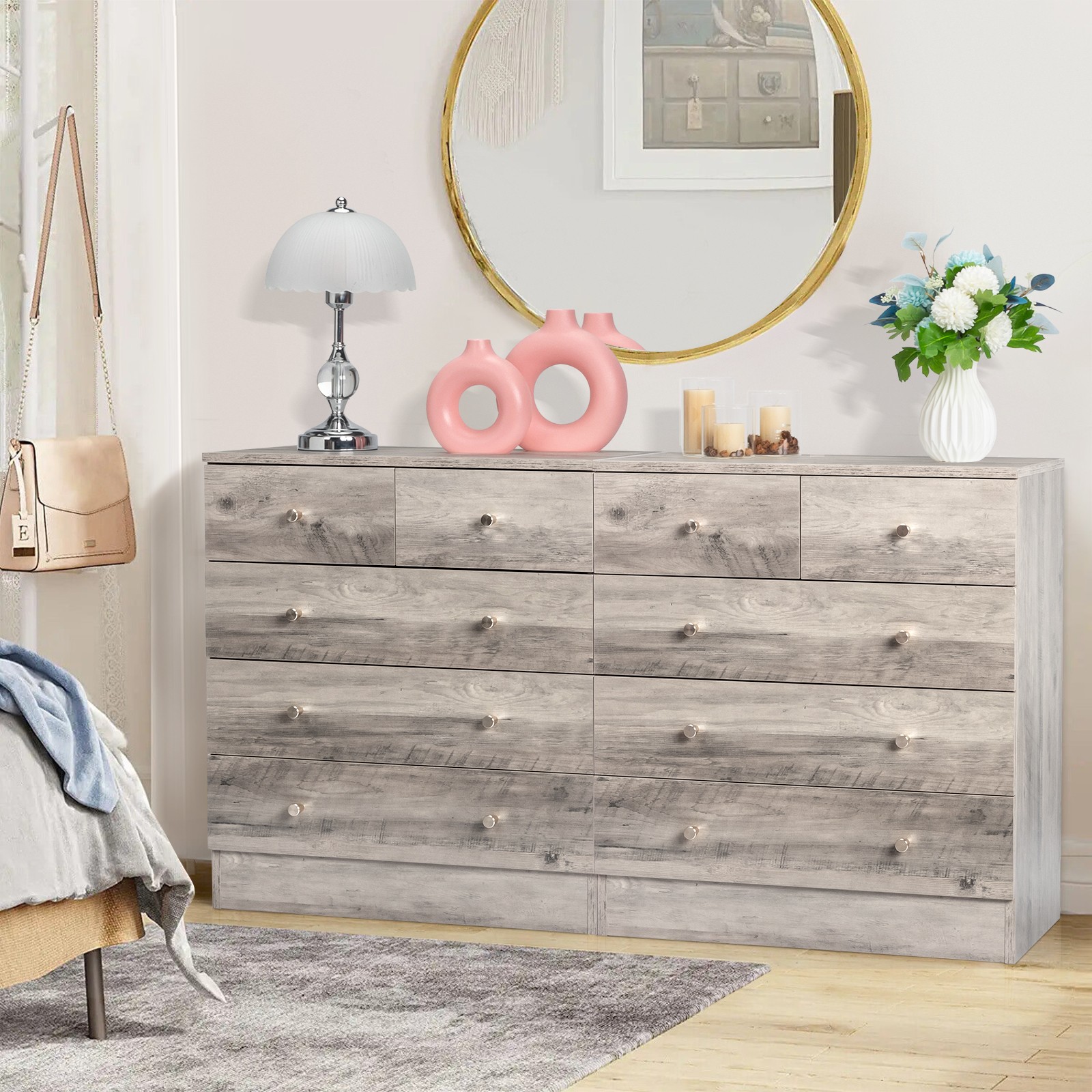 Tall Dresser for Bedroom Wooden Dresser with 5 Drawers Farmhouse Dresser Gray