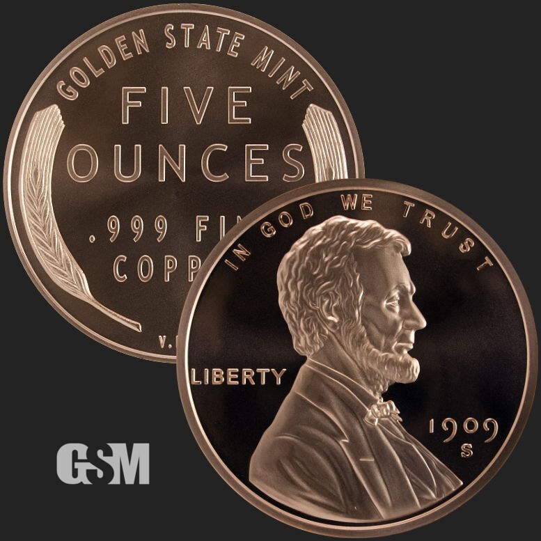 5 oz Lincoln Wheat Cent PENNY .999 FINE Copper Round Golden State Mint IN STOCK