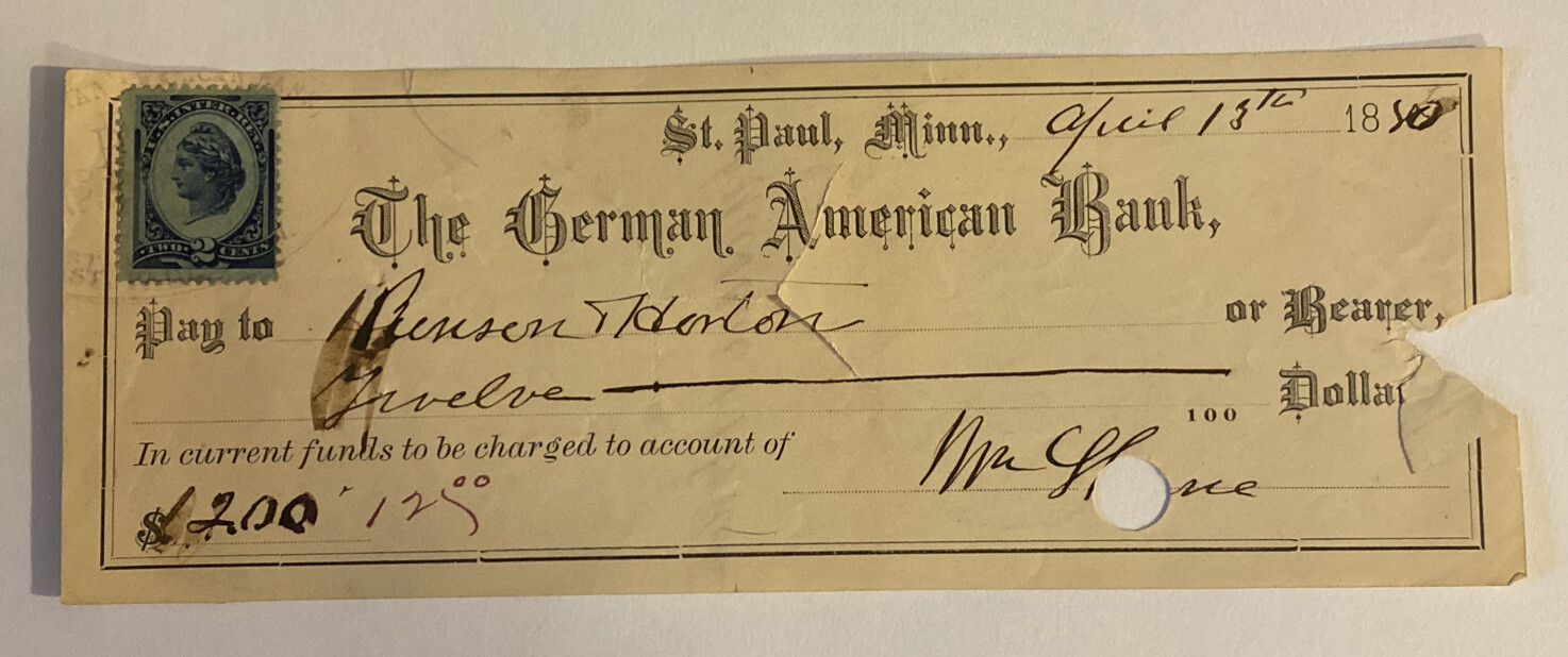 Vintage 1880 Check ~ German American Bank ~ Saint Paul, Minnesota MN