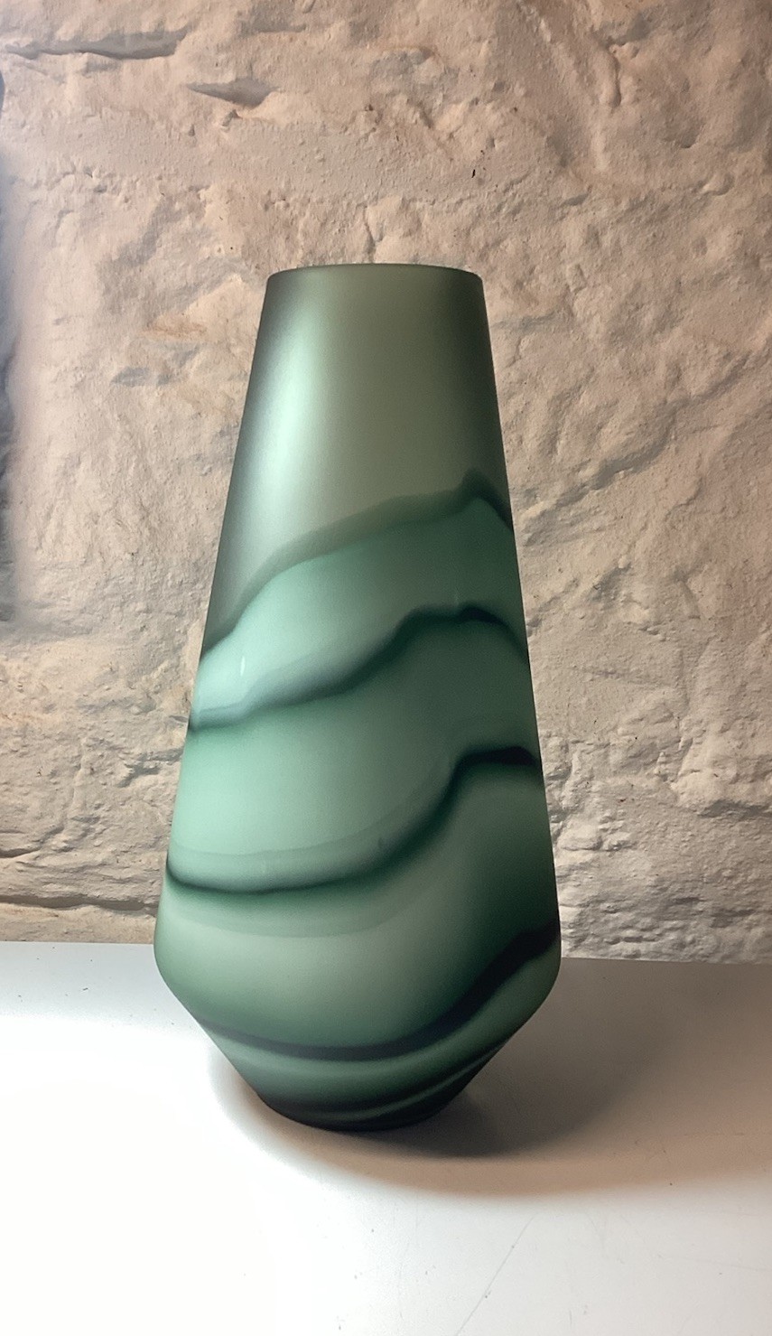 Beautiful Large Art Glass Vase Jade Green Wave Sandblasted Tall Sturdy 13.5 in