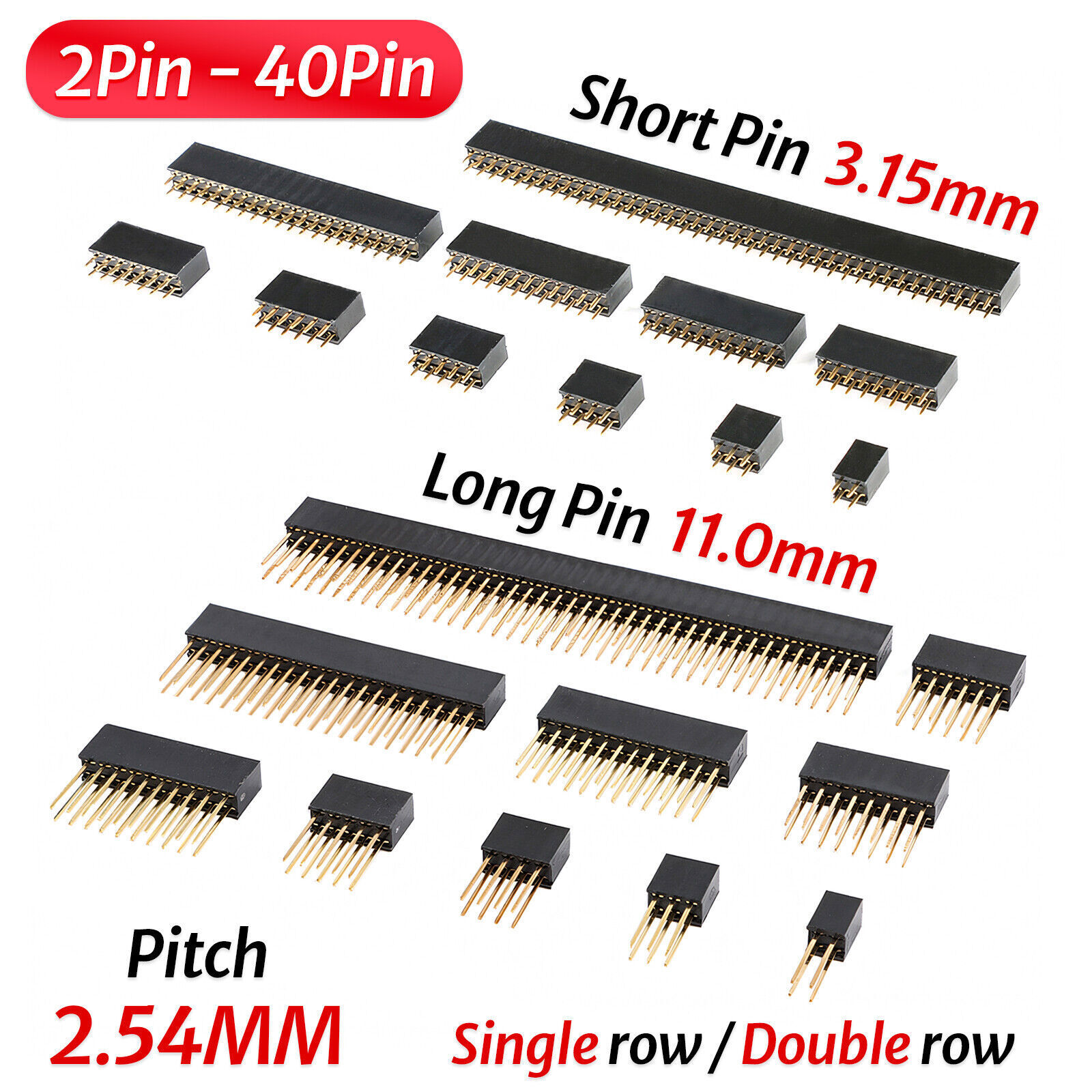 2.54mm 0.1" PCB Header Vertical Female Socket Connector, Single/Double Row Pin