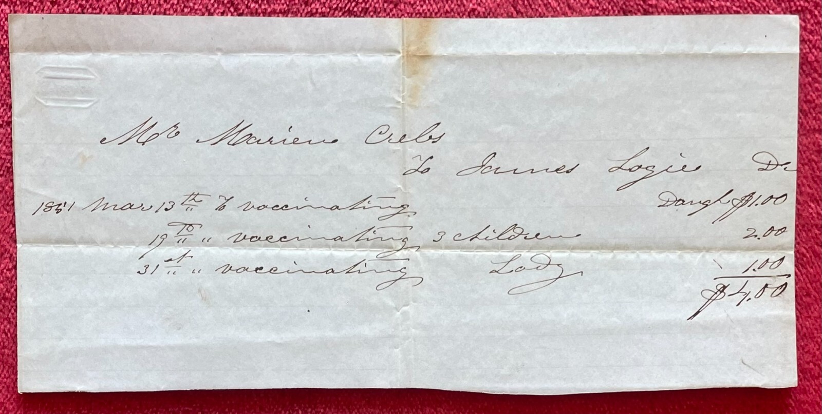 1832-1861 DOCTORS BILLS FOR DIFFERENT AILMENTS, TOOTH EXTRACTIONS & VACCINATIONS