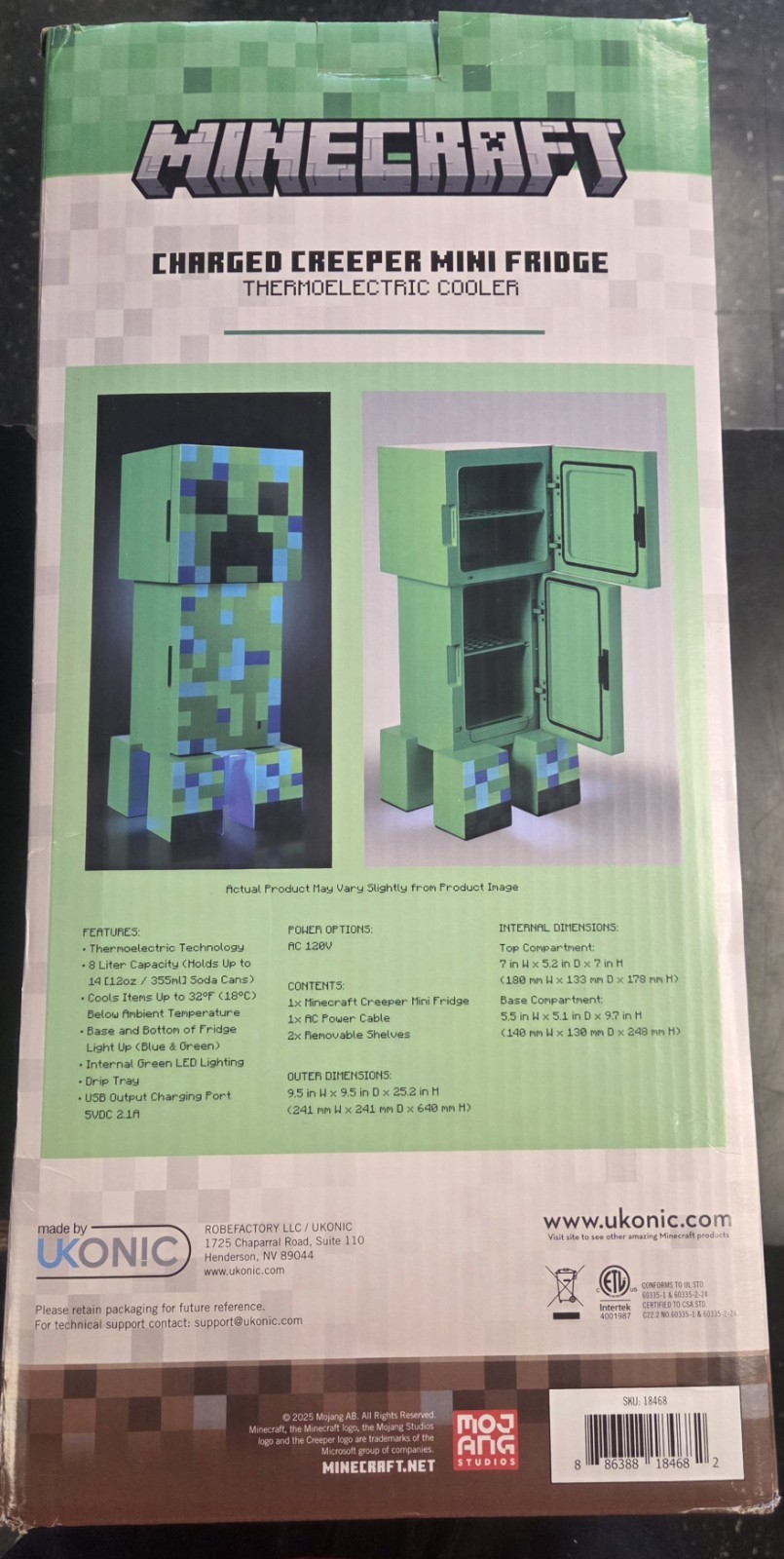 Minecraft Green Charged Creeper Mini Fridge Thermoelectric Cooler New Open Box