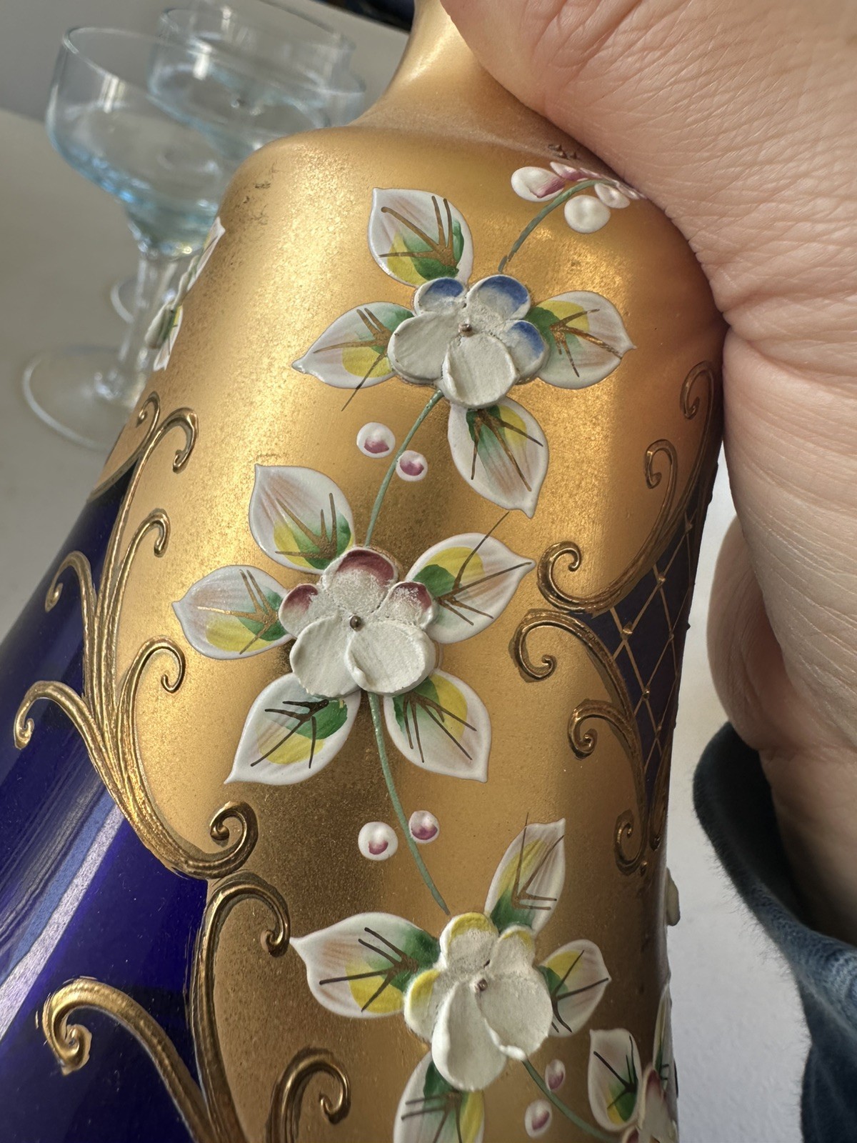 Antique Bohemian Moser Cobalt Blue Enamel Flowers Decanter & 6 Glasses Set