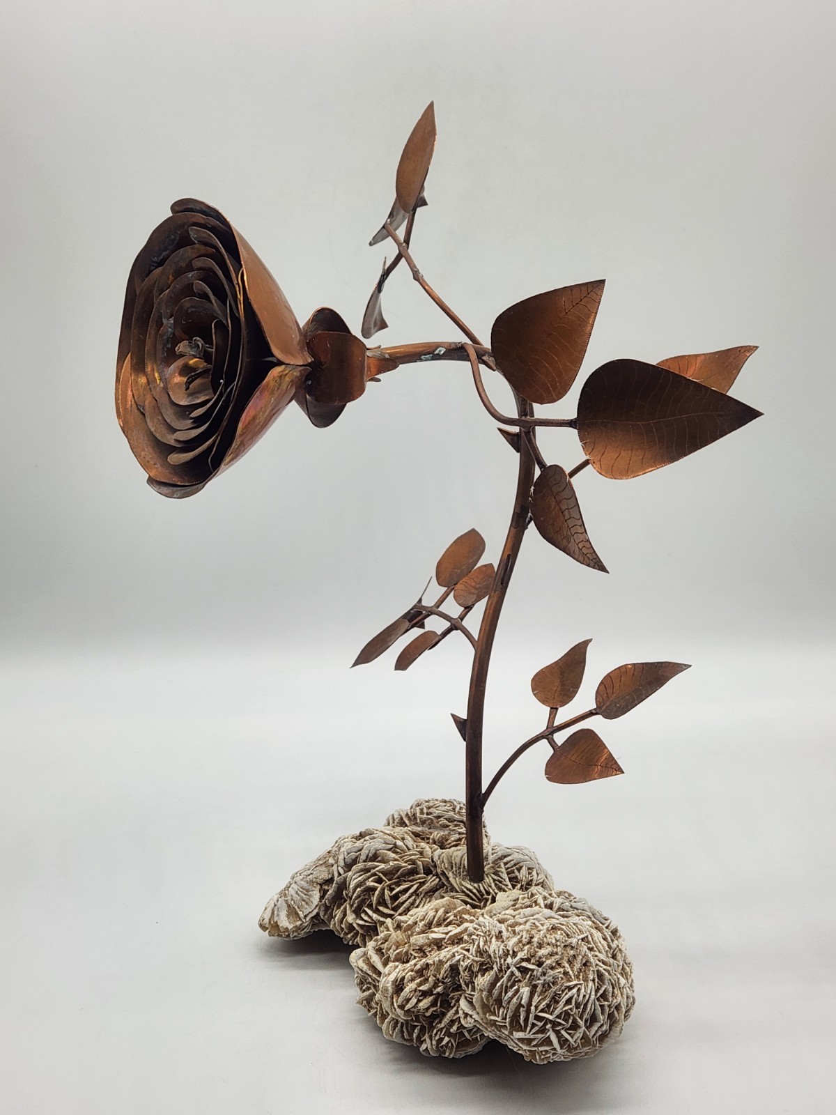 Copper Rose Sculpture w/Desert Sand Rose Crystal ~ 13" H x 10" L x9" W