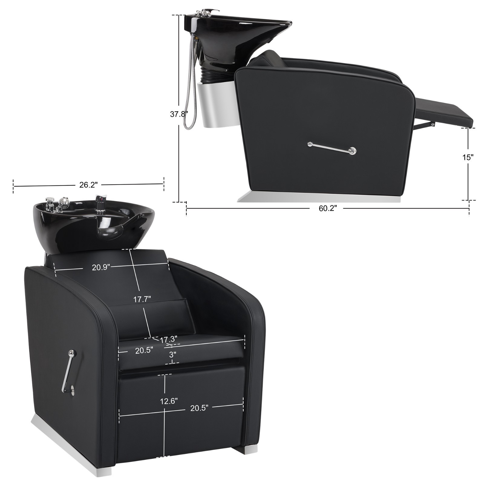 BarberPub Backwash Shampoo Station Chair, Salon Ceramic Hair Wash Bowl 9370