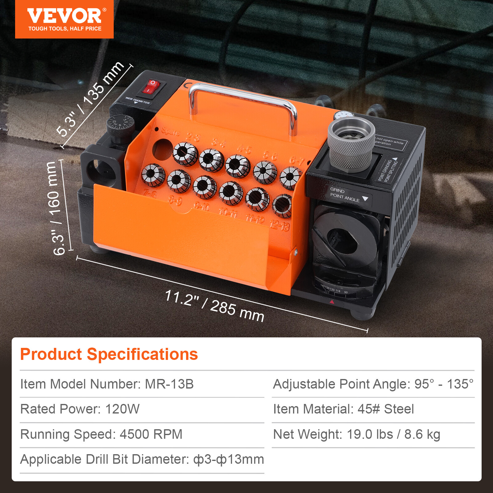 VEVOR MR-13B Drill Bits Sharpener 3-13mm Bits Grinder Sharpener with 11 Collets