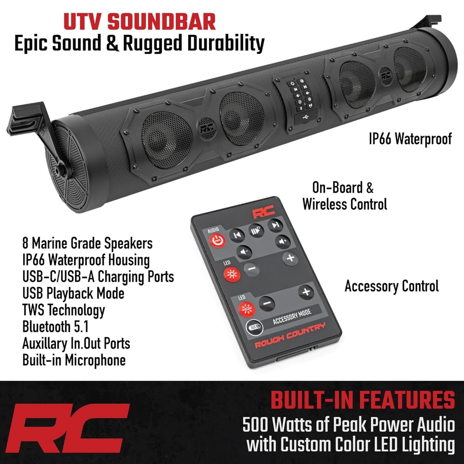 Rough Country RESON8 UTV ATV Bluetooth Multi-Color LED Soundbar Universal