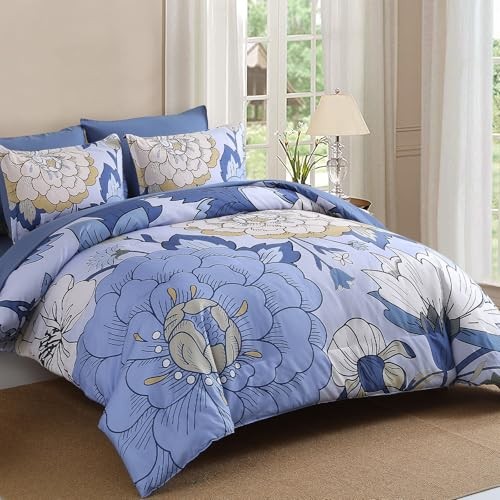 7 Pieces Floral Comforter Set Queen Size Botanical Bed in a Bag, King Blue