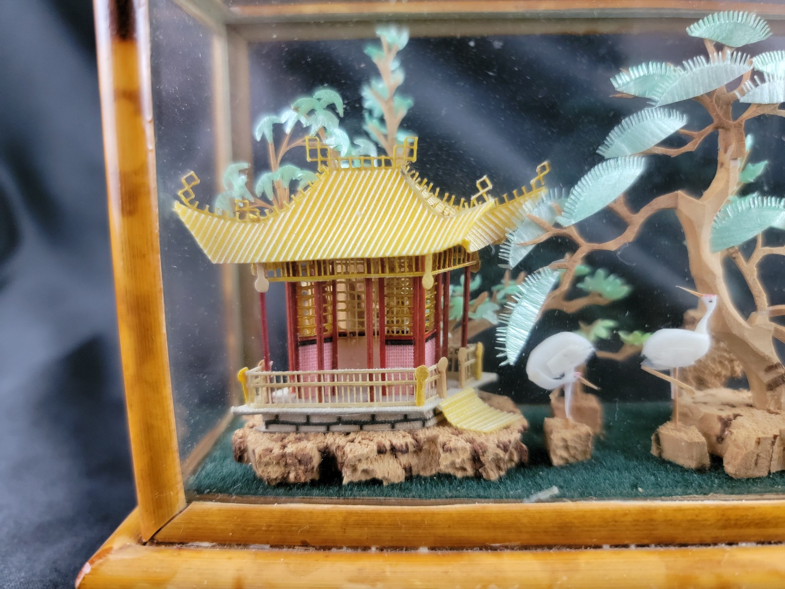 3D Carved Sculpture China Japan Pagoda Bonsai Tree Storks Cranes Vintage