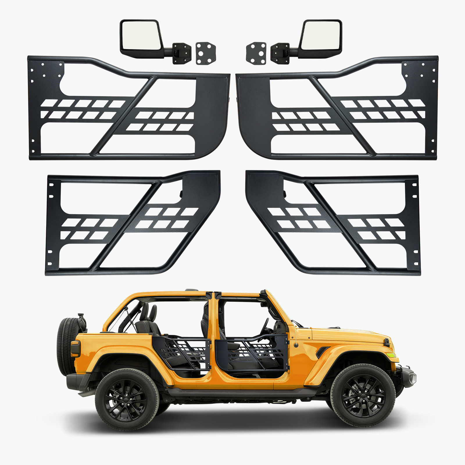 Front+Rear Side Tube Doors & Side View Mirrors For 2007-2018 Jeep Wrangler JK