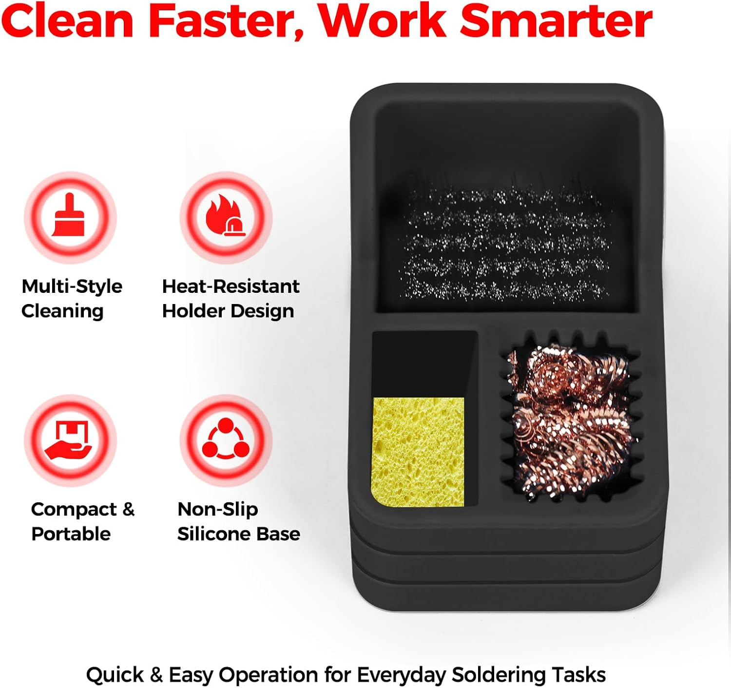 Soldering Iron Tip Cleaner Kit with Brass Wool, Sponge,Steel Brush in Black Sili