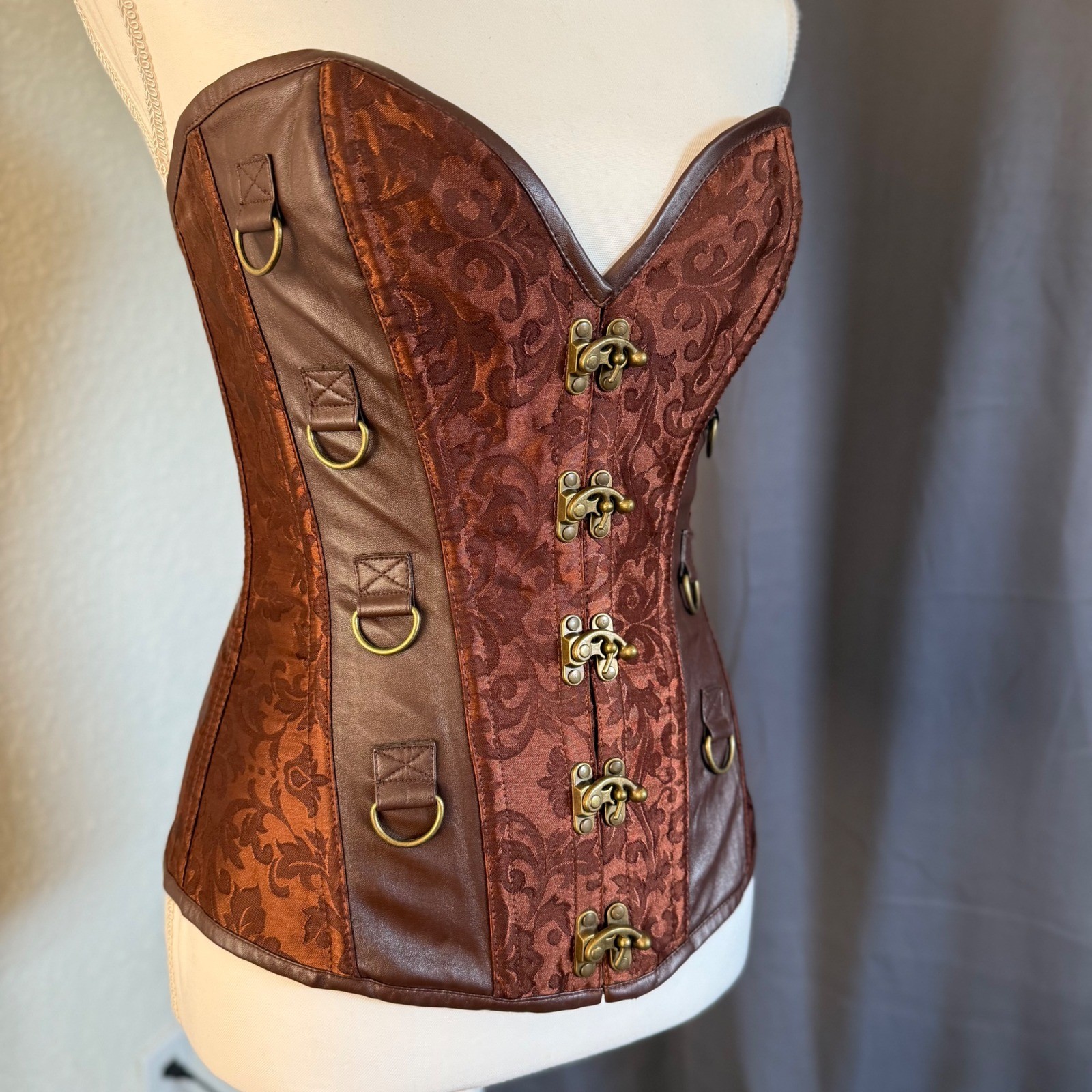 Steampunk Corset Brown Damask Faux Leather Hook Eye Small