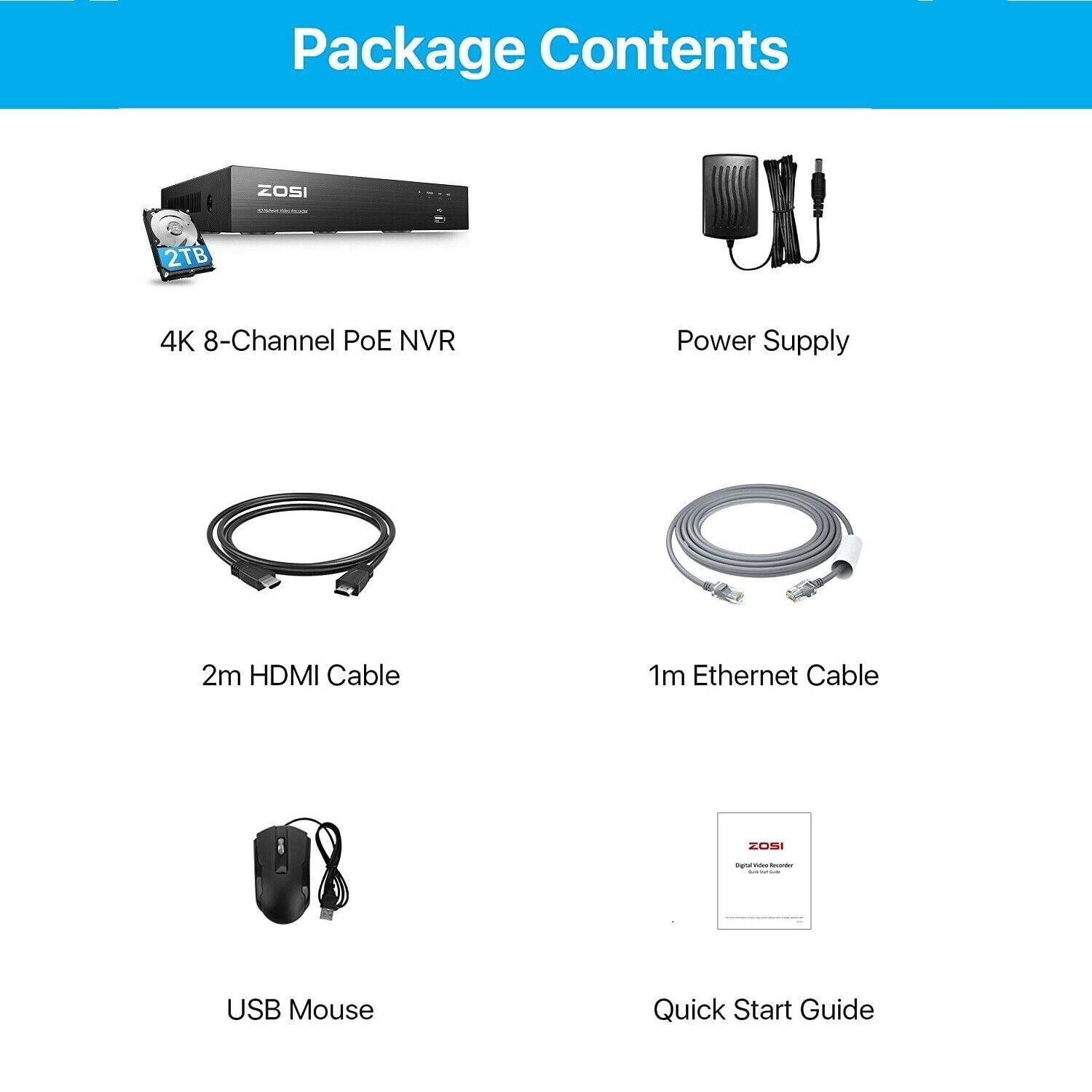 ZOSI 4K 8ch POE NVR CCTV Network 24/7 Video Recorder with 2TB Hard Drive IP66