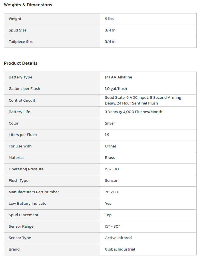 Global Industrial WB761208 Automatic Urinal Flush Valve, Battery Operated, 1.0 G