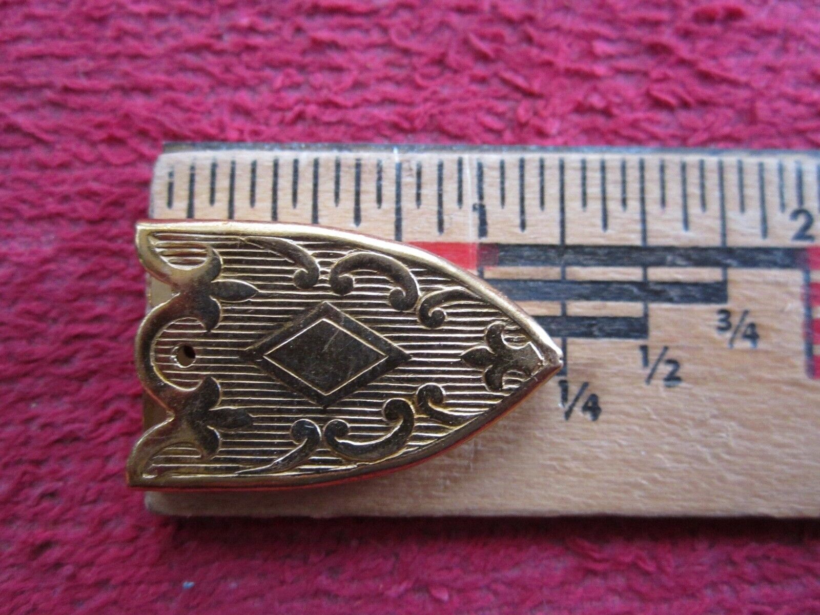 3 VINTAGE LEATHER or CLOTH BELT END TIPS, EMBOSSED, 3/4" BRASS TONE, NOS