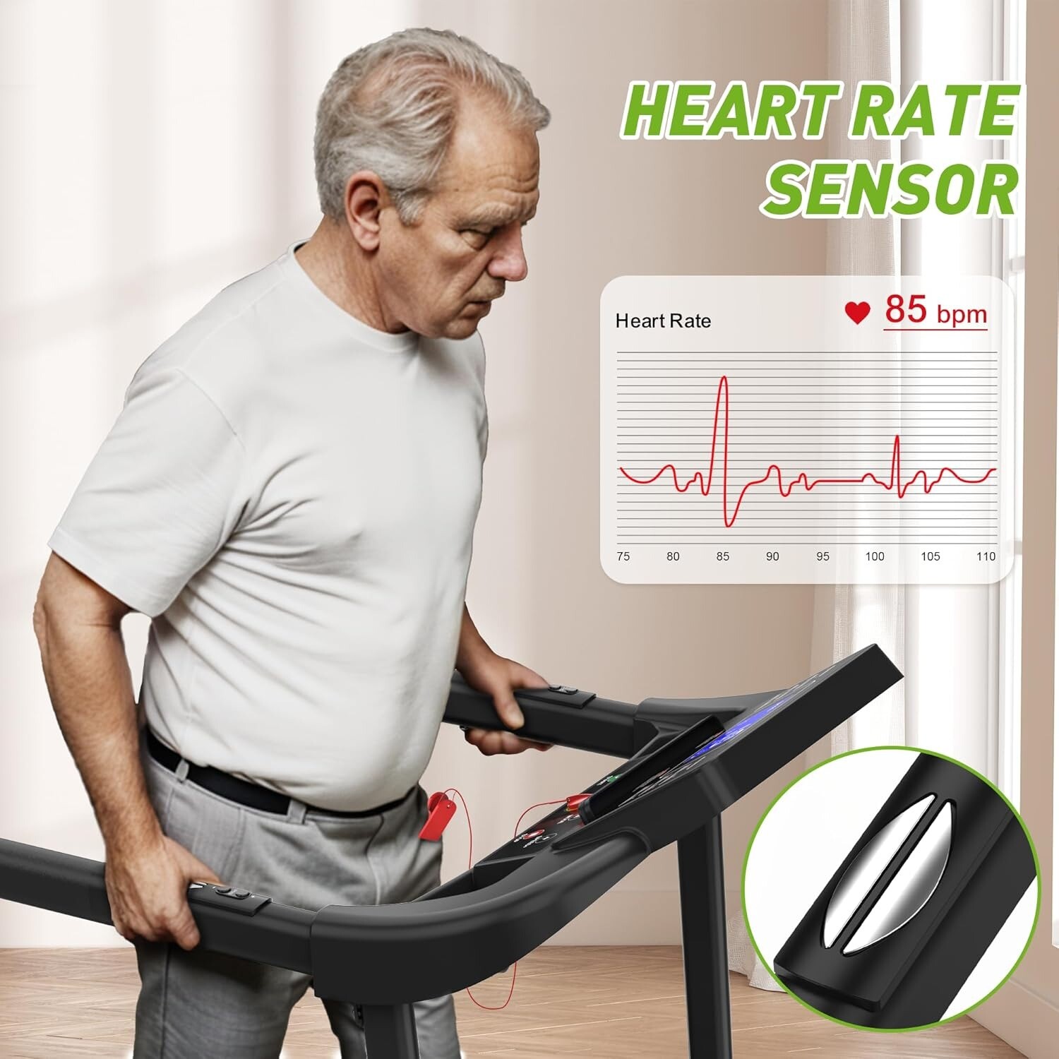 Foldable Walking Pad Treadmill for Senior with Extended Handrails & Deck 300 LBS