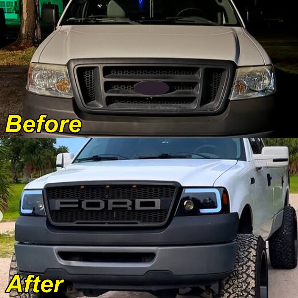 Front Grille For 2004-2008 Ford F150 Raptor Style W/3LEDs W/Letters Matte Black