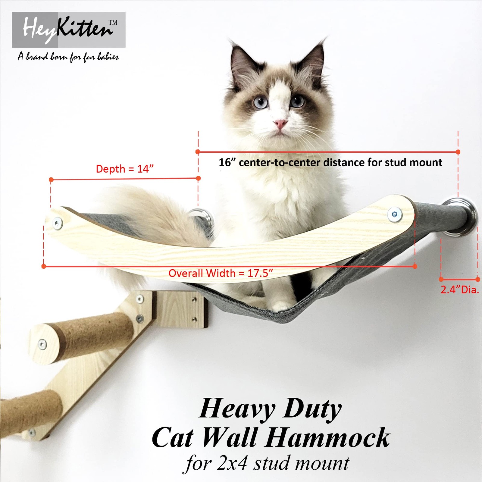 HeyKitten 17" Cat Wall Hammock for 2x4 Stud Mount Stylish Floating Kitten She...