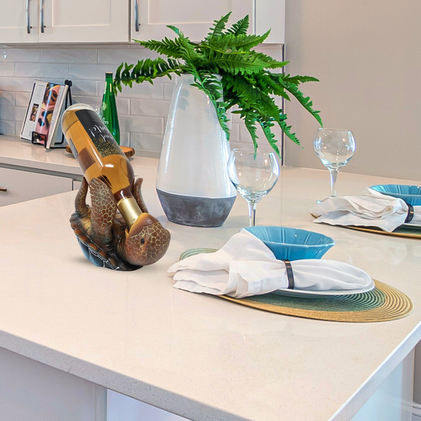 Sea Turtle Wine Bottle Holder – Coastal Resin Display for Beach or Ocean Décor