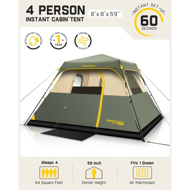 FanttikOutdoor Camping Tent 4 Person Instant Cabin Tent Setup in 60 Seconds