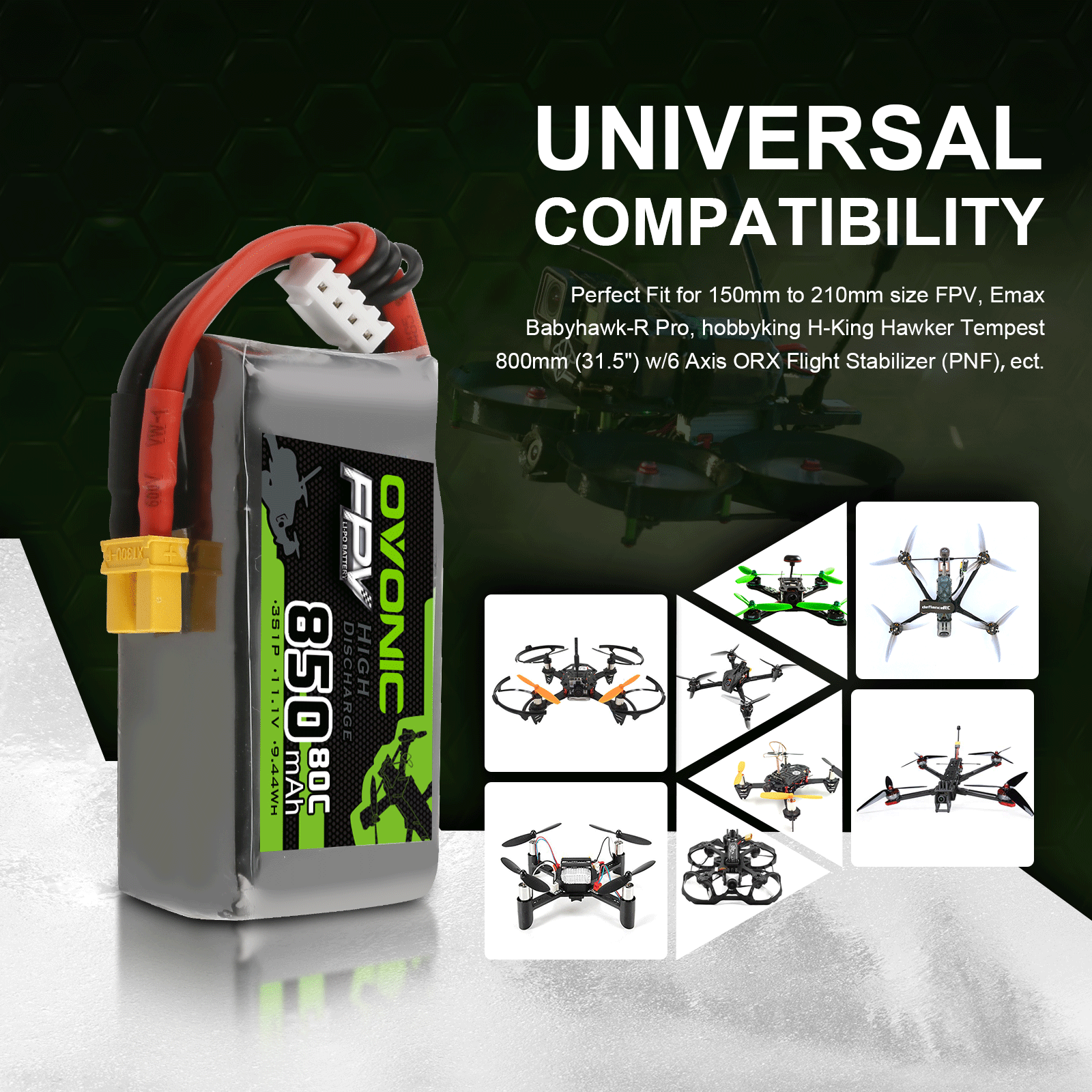 2x Ovonic 11.1V 80C 3S 850mAh Lipo Battery XT30 For FPV Drone Heli Airplane