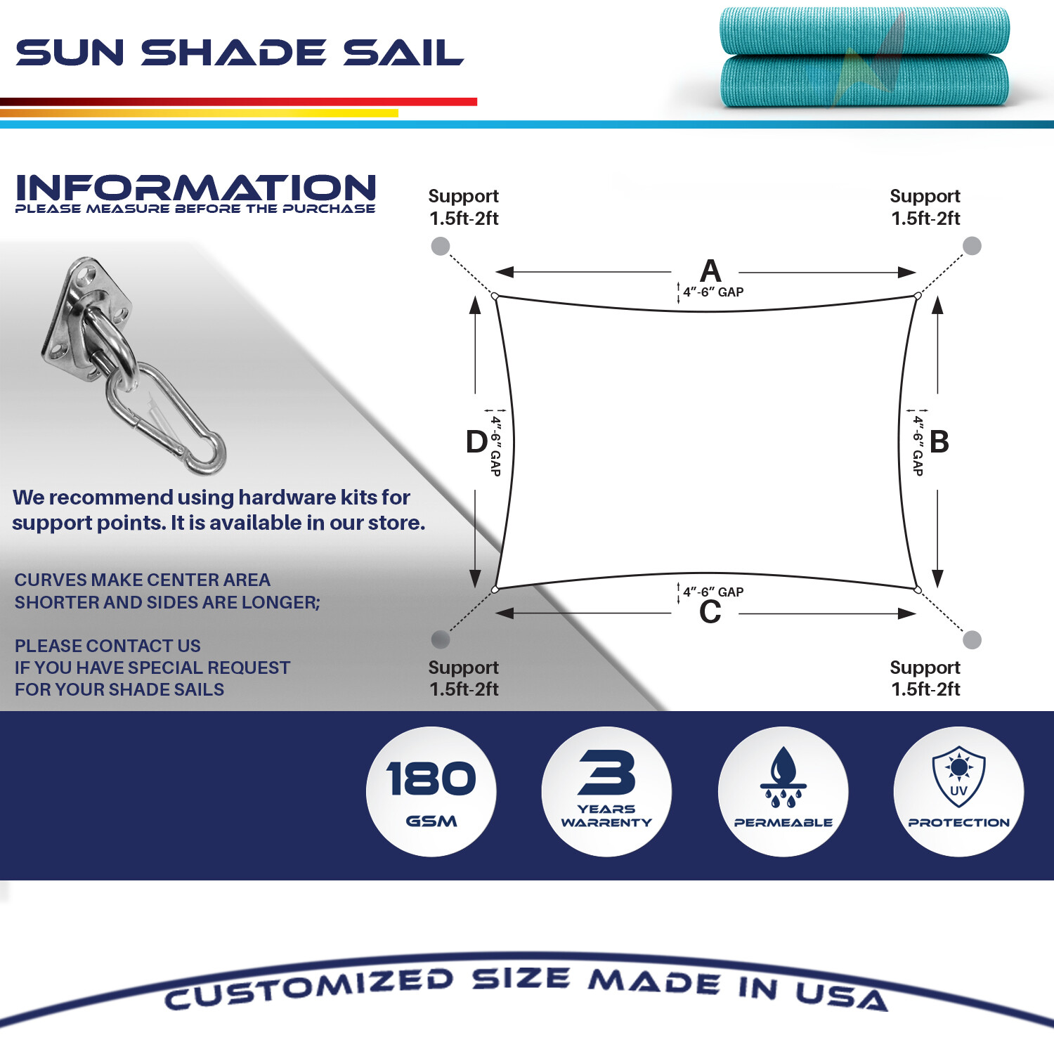 TURQUOISE Rectangle Sun Shade Sail Fabric Awning Top Canopy Patio Custom 2-16 FT