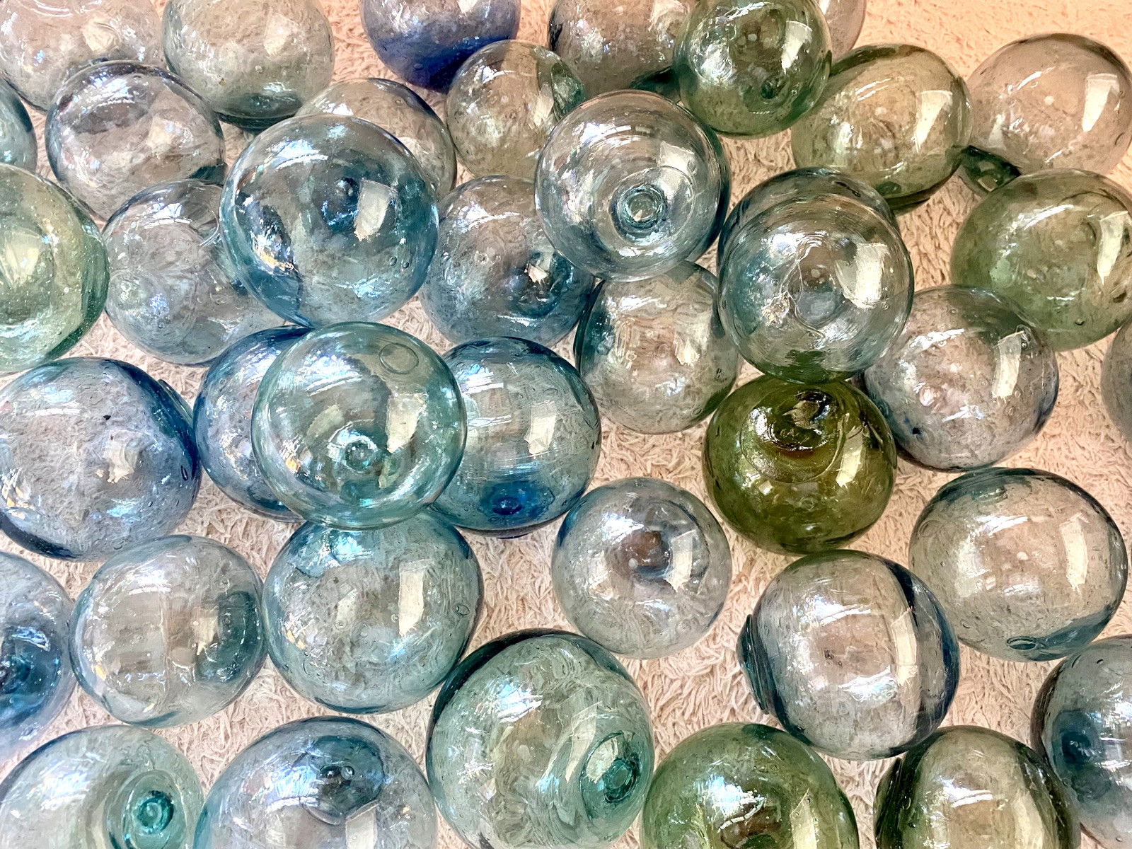 Vintage Japanese Glass Fishing Floats Set (Blue & Green) - 3"-3.5" 10 pcs