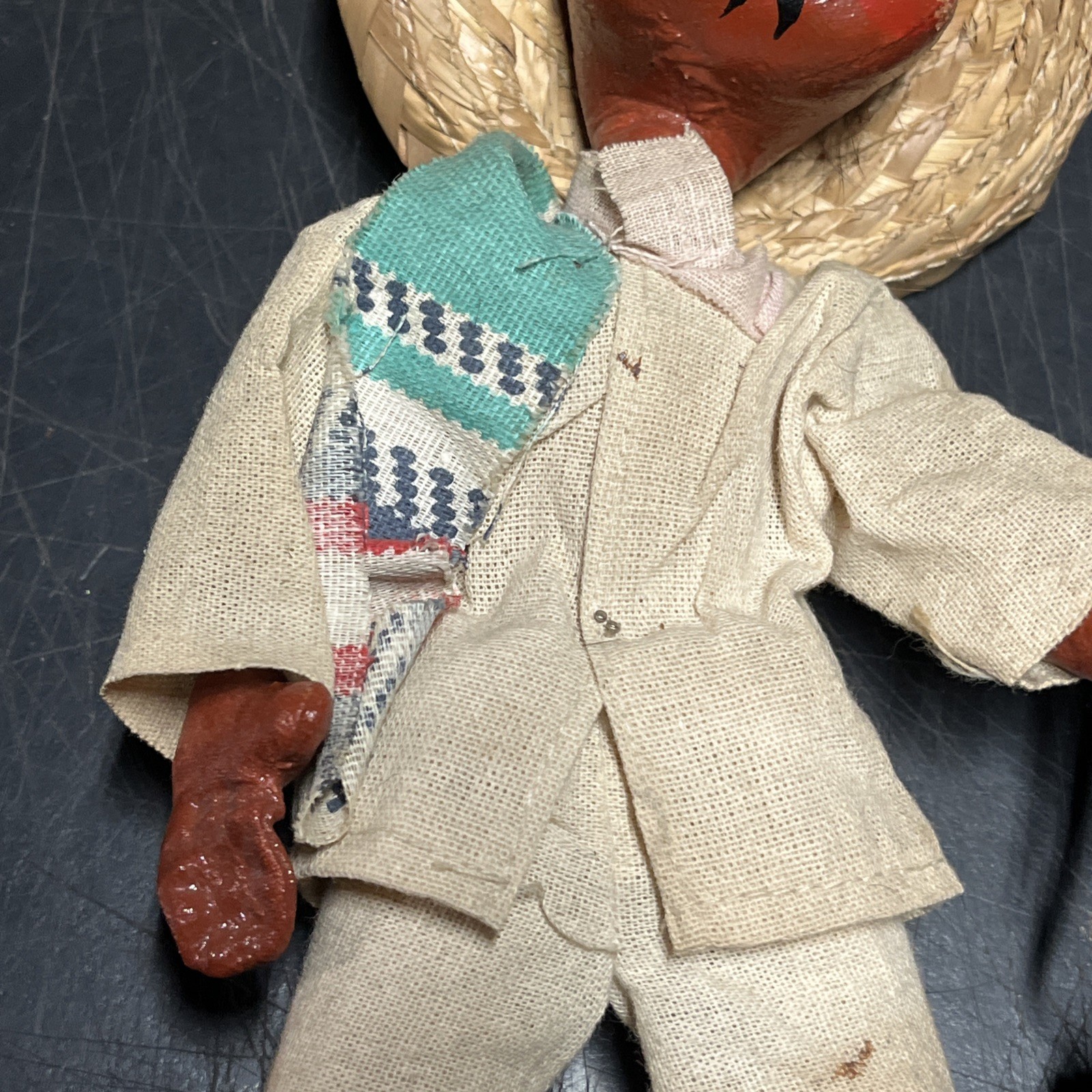 Vintage Mexican Hand Made Painted Oil Cloth Folk Art Dolls 9”Tall