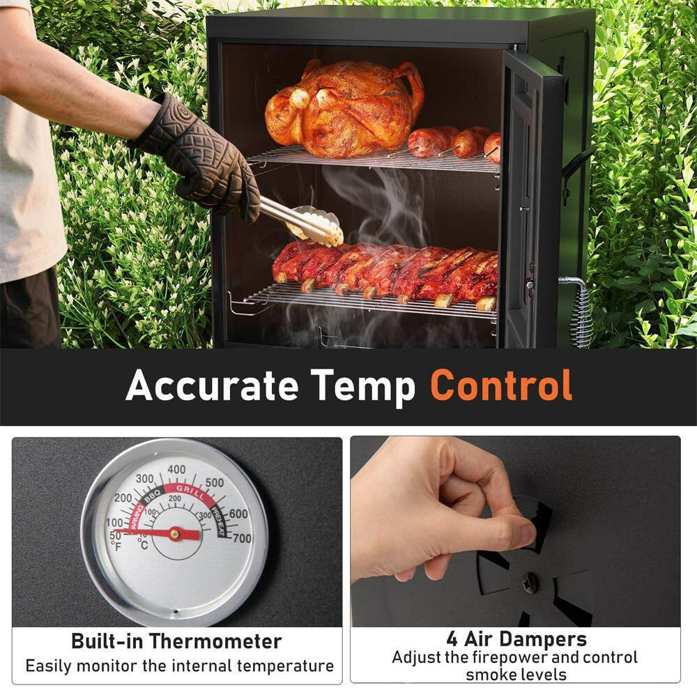 Vertical Charcoal Smoker BBQ Barbecue Grill with Temperature Gauge Outdoor Black