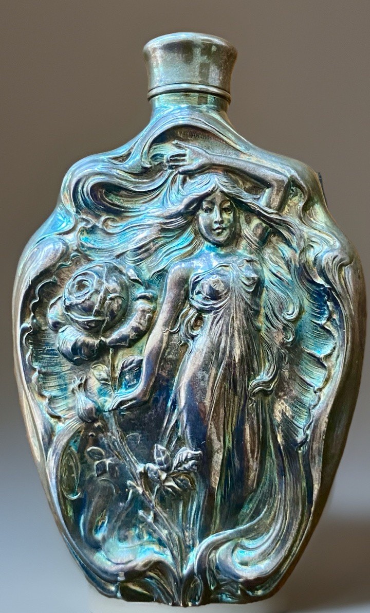 Art Nouveau Spirit Flask Victor Silver Co Nymph Relief Iridescent Barware Superb