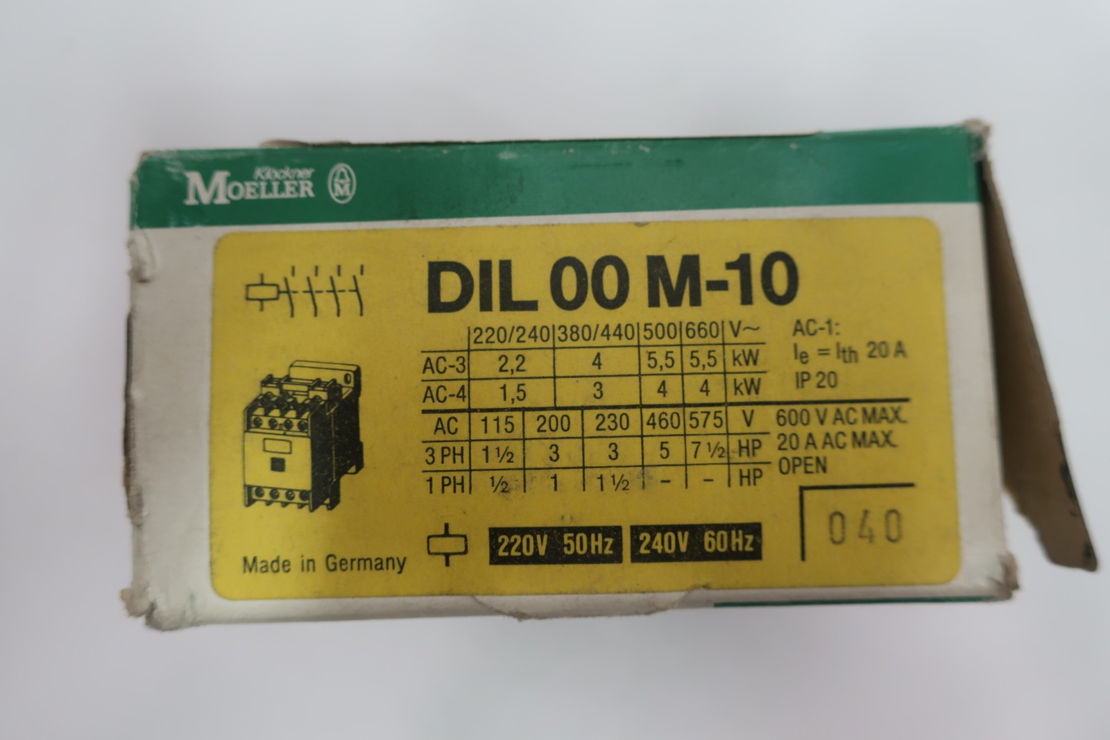 Klockner Moeller DIL-00 M-10 Contactor 20a 220-240v-ac