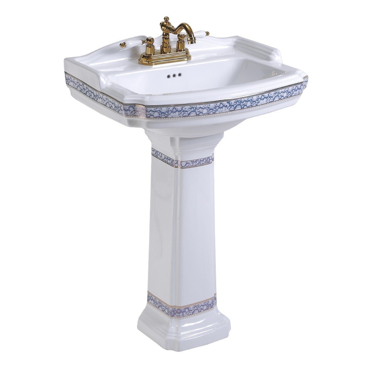 India Reserve White Bathroom Pedestal Sink Porcelain with Blue and Gold Finish