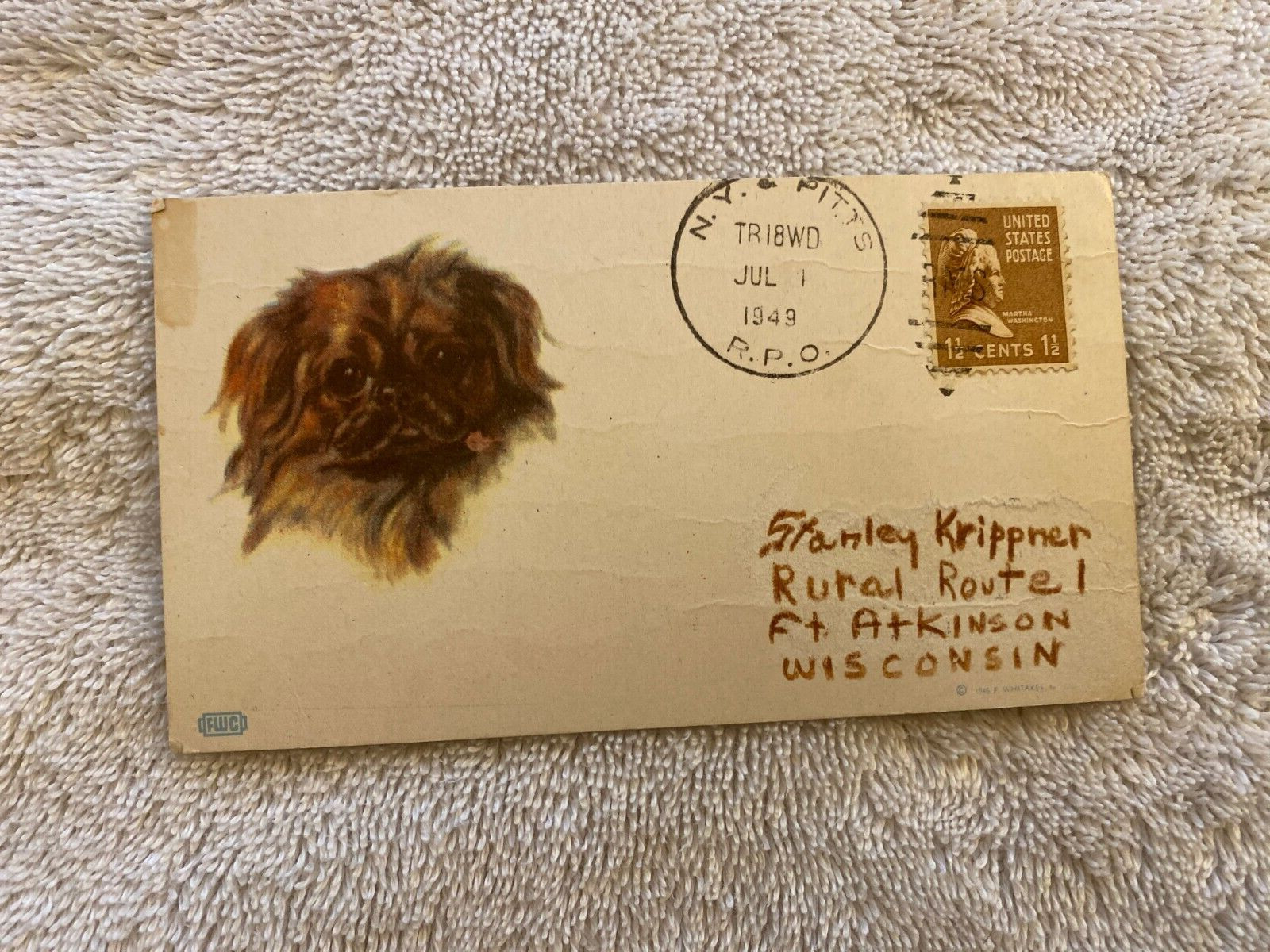 Pittsford, NY Railway Post Office Postmark, 1949, 1.5 cents Stamp Pekingese Dog