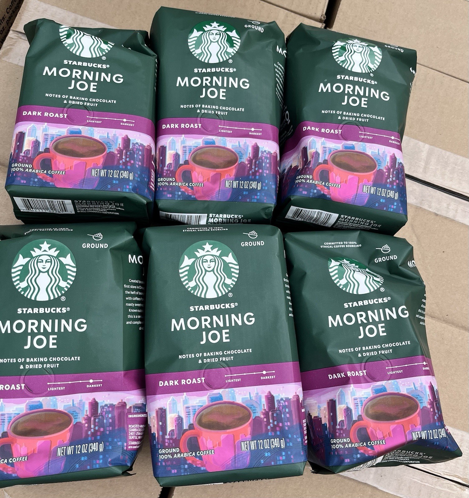 6 BAGS Starbucks Ground Coffee Dark Roast Morning Joe LOT 12oz (Total 72 oz)