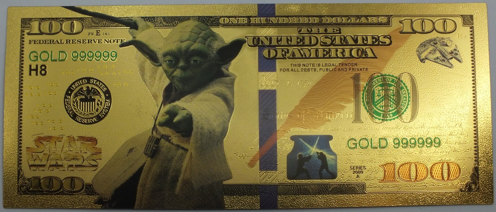 Lot of 8 Star Wars Darth Vader Yoda Luke Han Boba Fett Gold Foil Notes Set XS12
