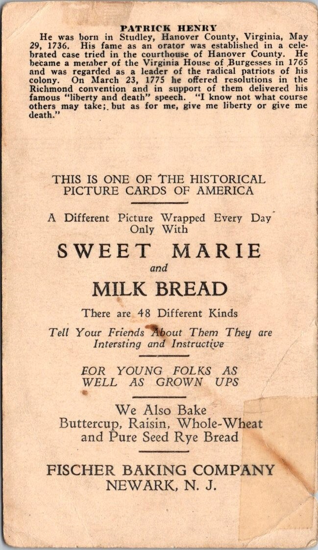 Patrick Henry Speech Orator Fischer Baking Company Newark NJ JQV4