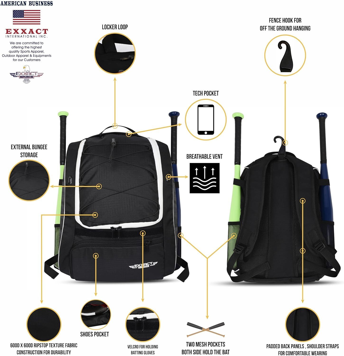 Exxact Sports Baseball Bat Bag with Shoe Compartment & Fence Hook Softball Bag