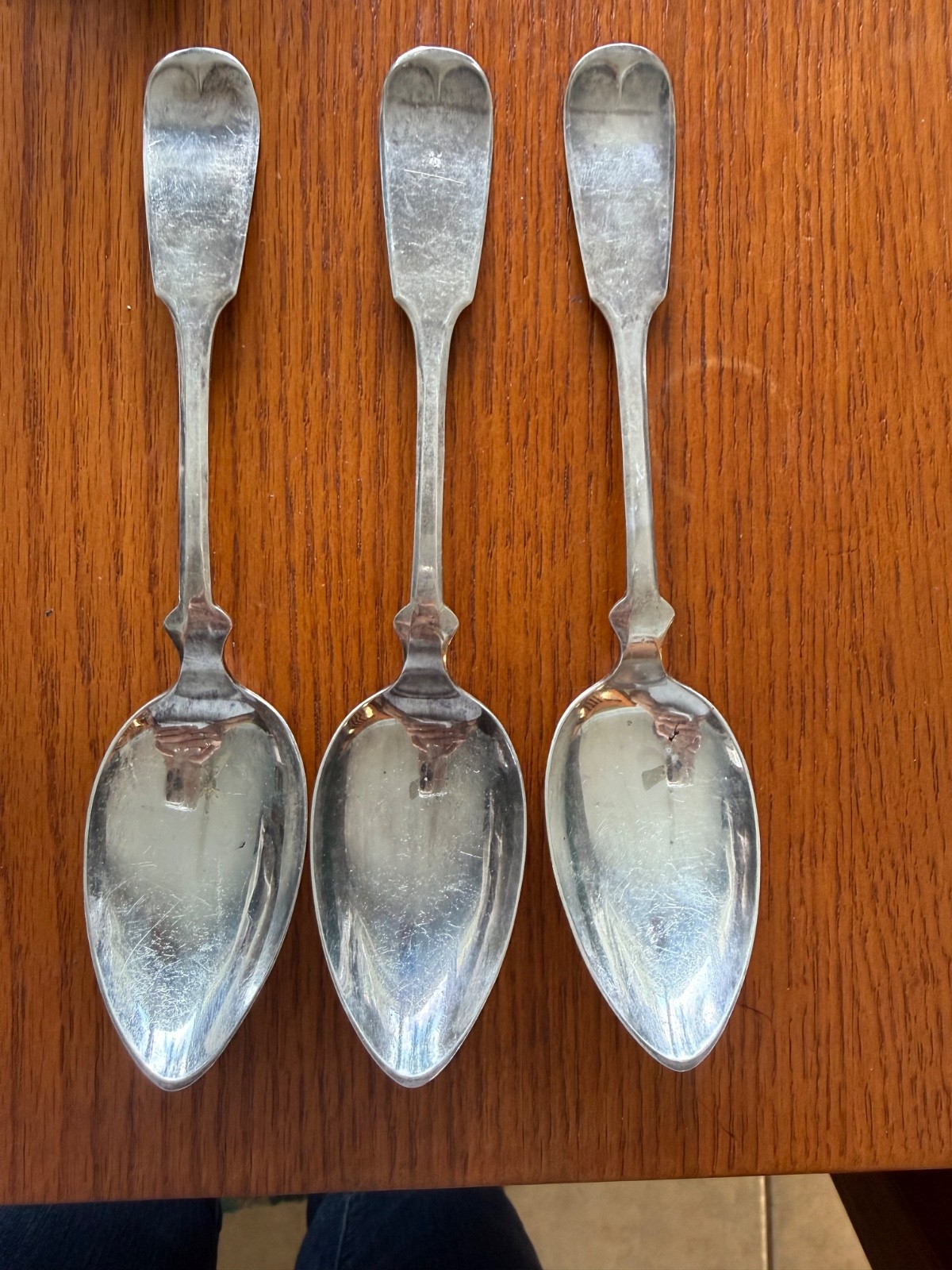 3 large antique Serving spoons Silver metal unmarked fiddle tipped tipt pattern