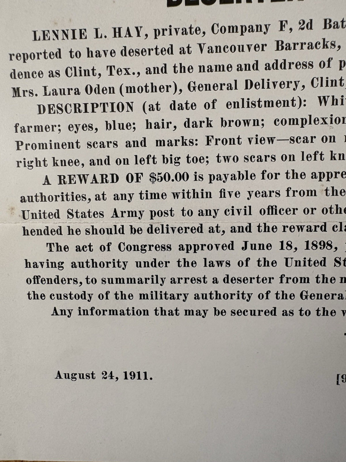 Antique WANTED POSTER Deserter US Army Pre WW1 11th Cavalry Fort Oglethorpe 1911