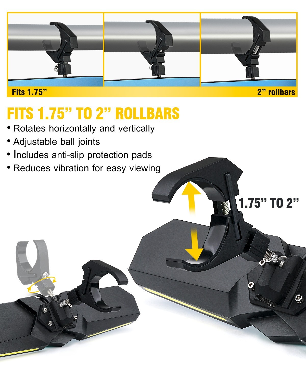 13" UTV Rear View Center Mirror w/COB Lights 1.75" - 2" For Polaris RZR XP 1000