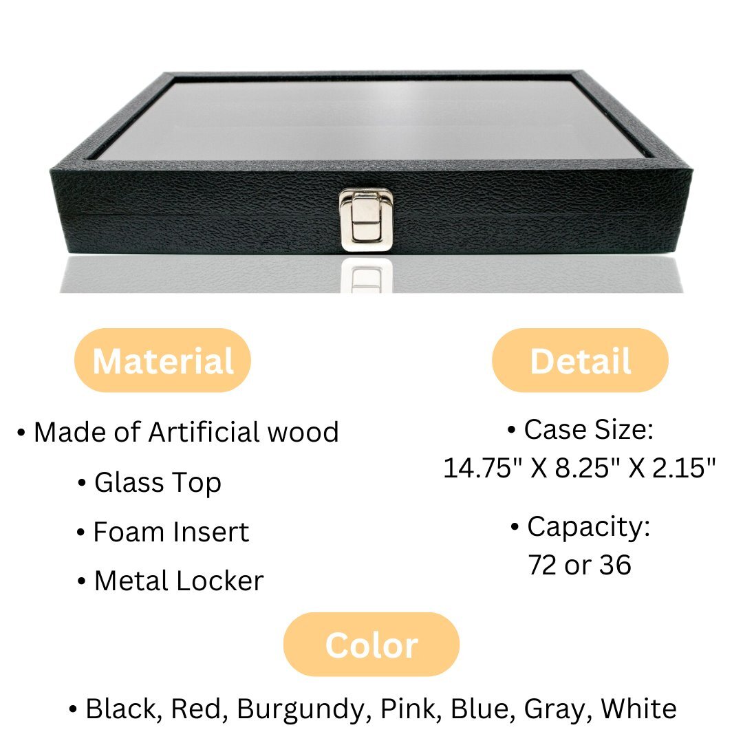Novel Box Glass Top Black Jewelry Display Case With 36 or 72 Foam Ring Inserts
