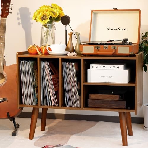 Record Player Stand with Vinyl Storage Holds Up to 300lb, Large Record Walnut
