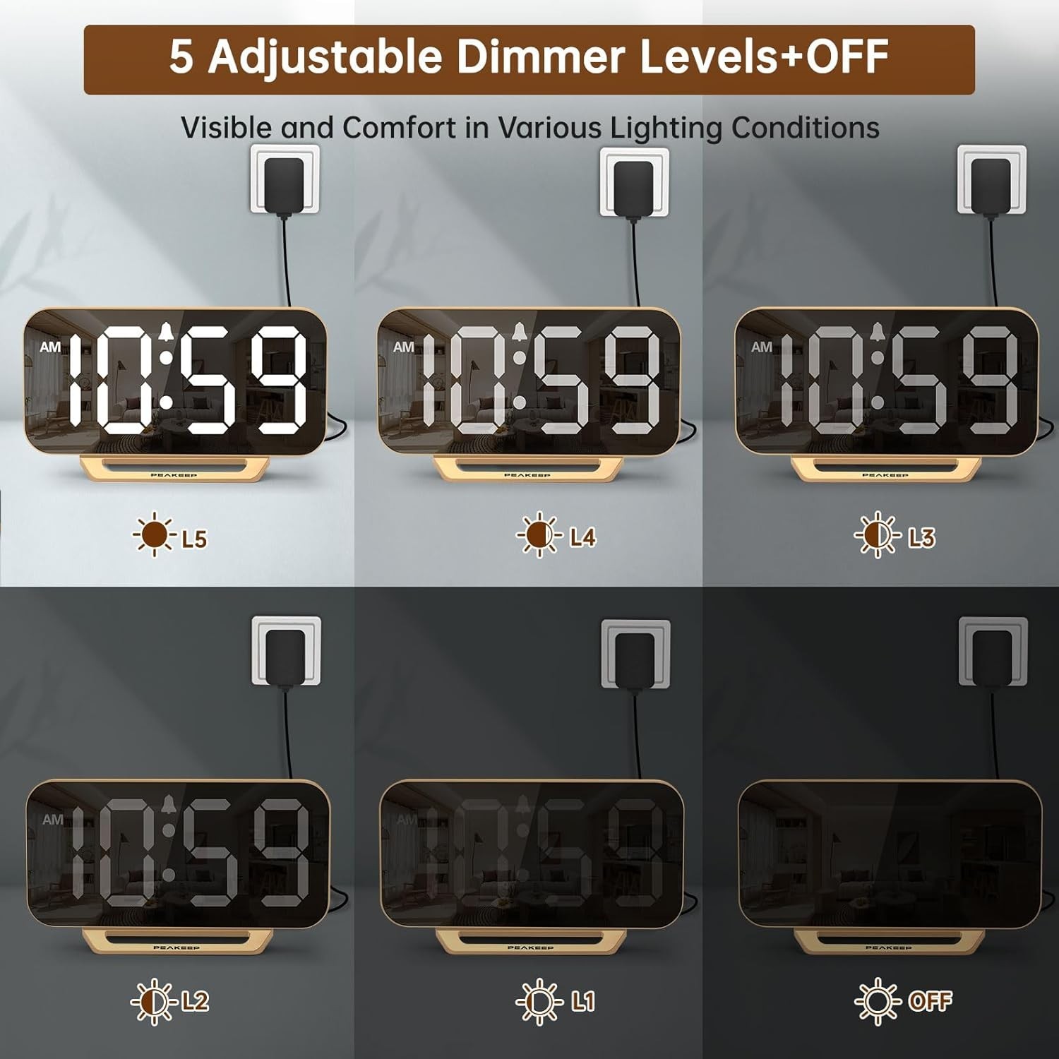 Minimalist Digital Alarm Clock - Stylish Mirror Design with 6 Brightness Levels