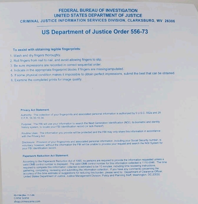 2 Pack FD-1164 Fingerprint Cards for FBI Background Check / Identity Summary (2)