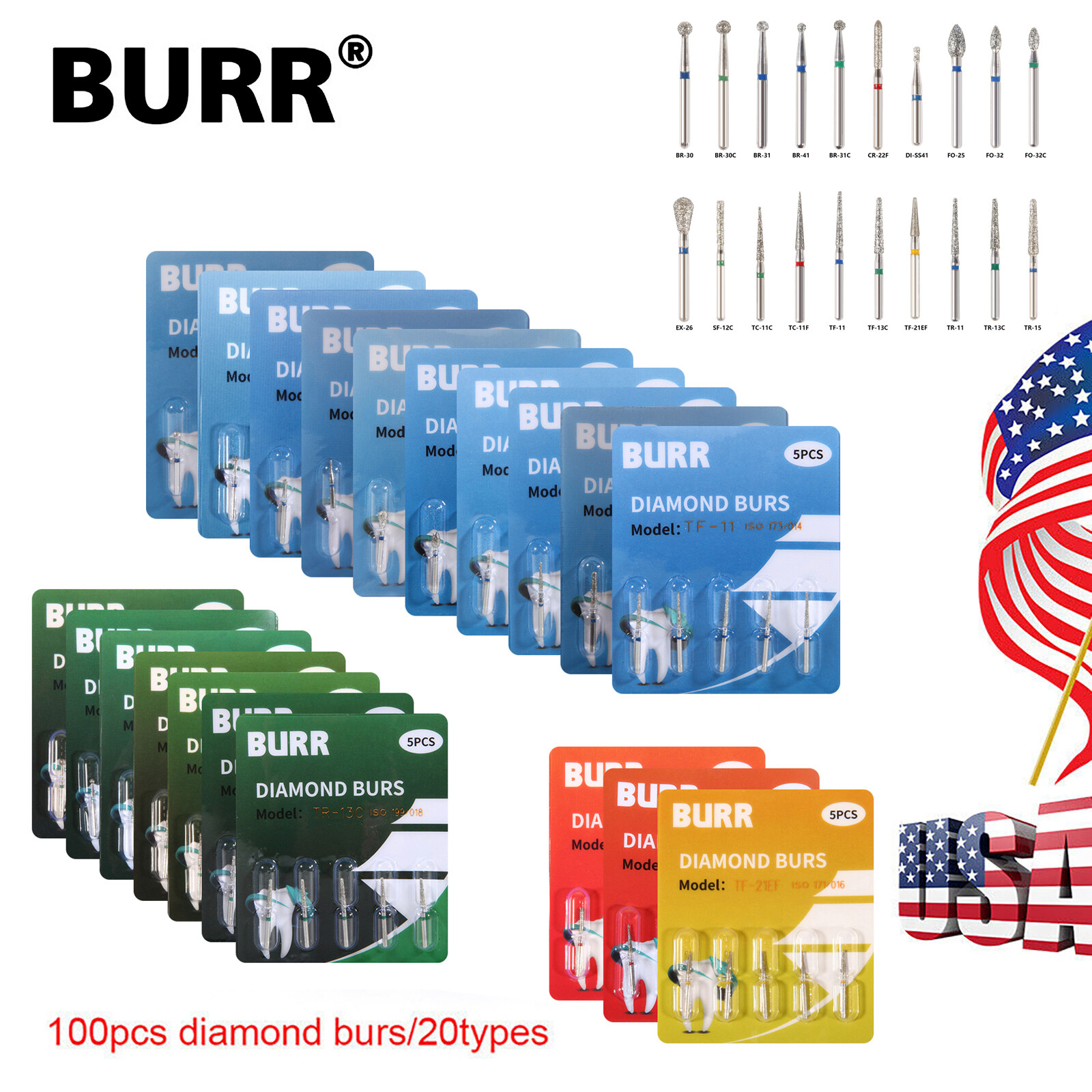 100 fresas diamante para turbina Diamond Burs dental High speed handpiece 1.6mm