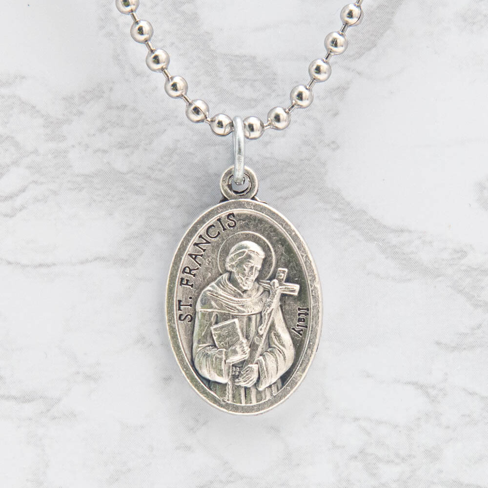 Saint St Francis Of Assisi Pray For Us 1" Medal Pendant Necklace 24" Chain Italy