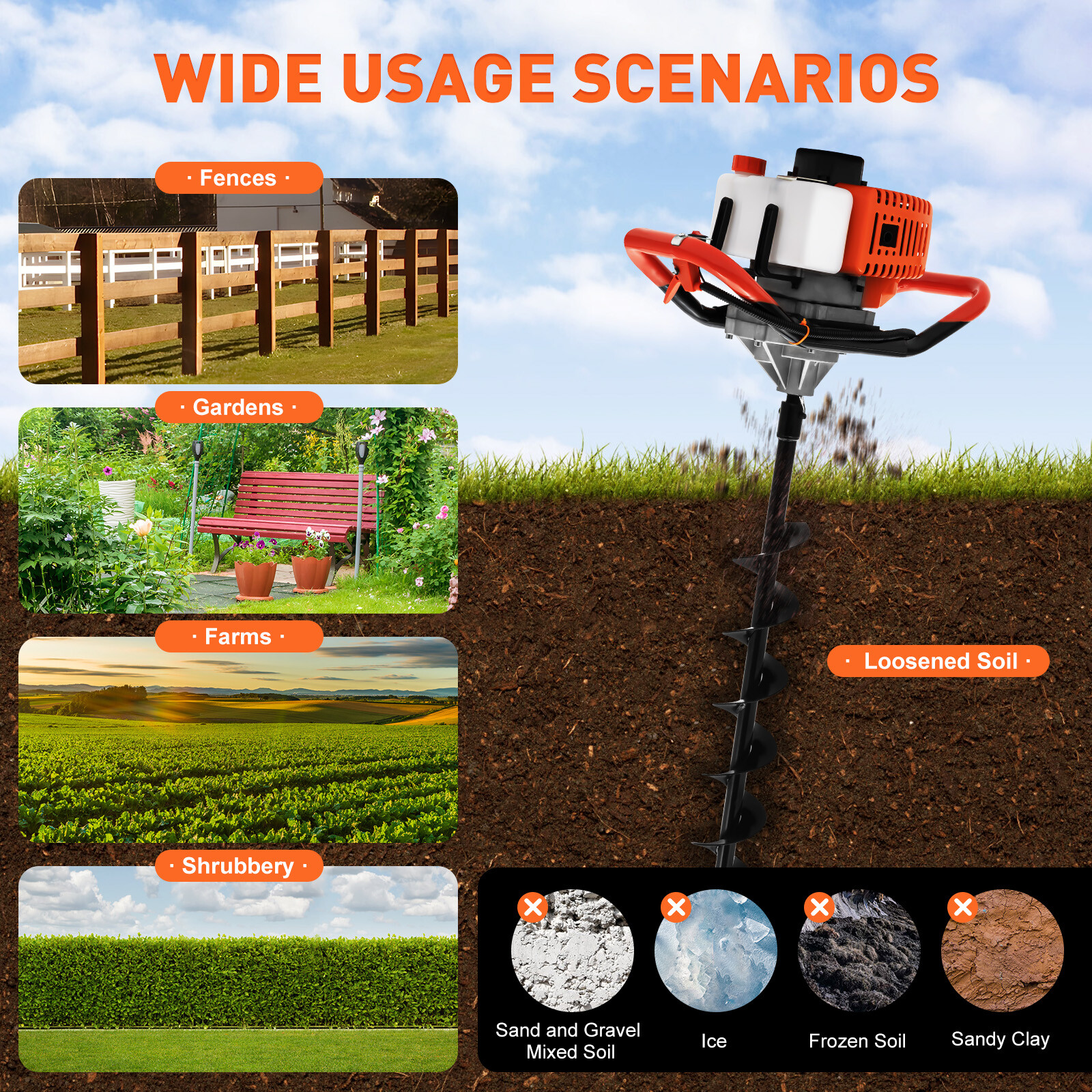 52CC Gas Powered Post Hole Digger Earth Auger with 4 6 8 Inch Bits