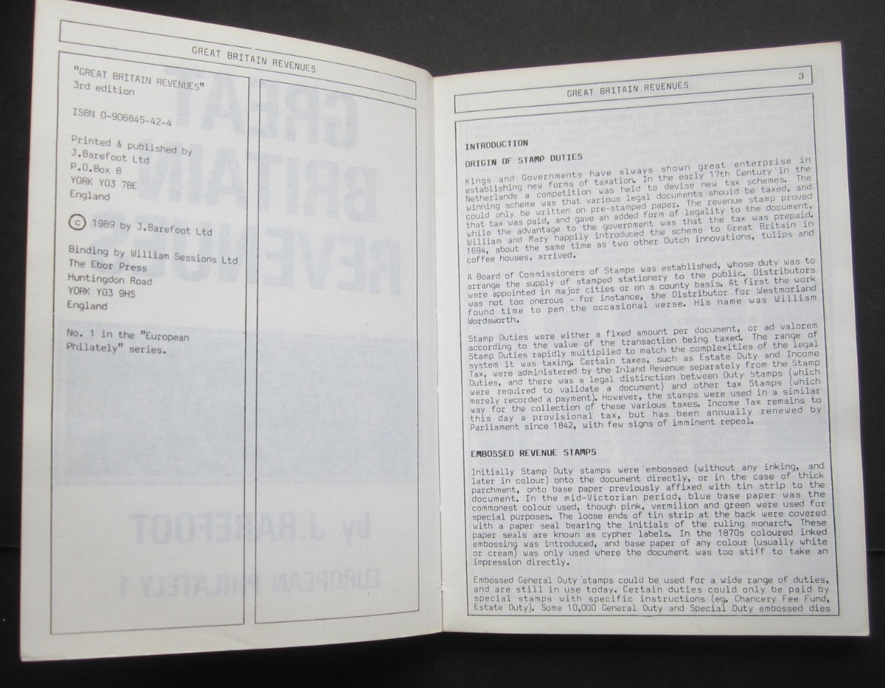 J. Barefoot Ltd - Great Britain Revenues, Stamp Catalogue 1989.